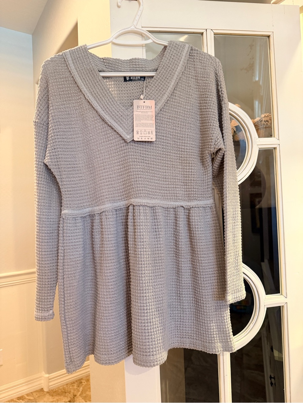 BTFBM Waffle Knit Long Sleeve V-Neck baby doll top  - Light Gray